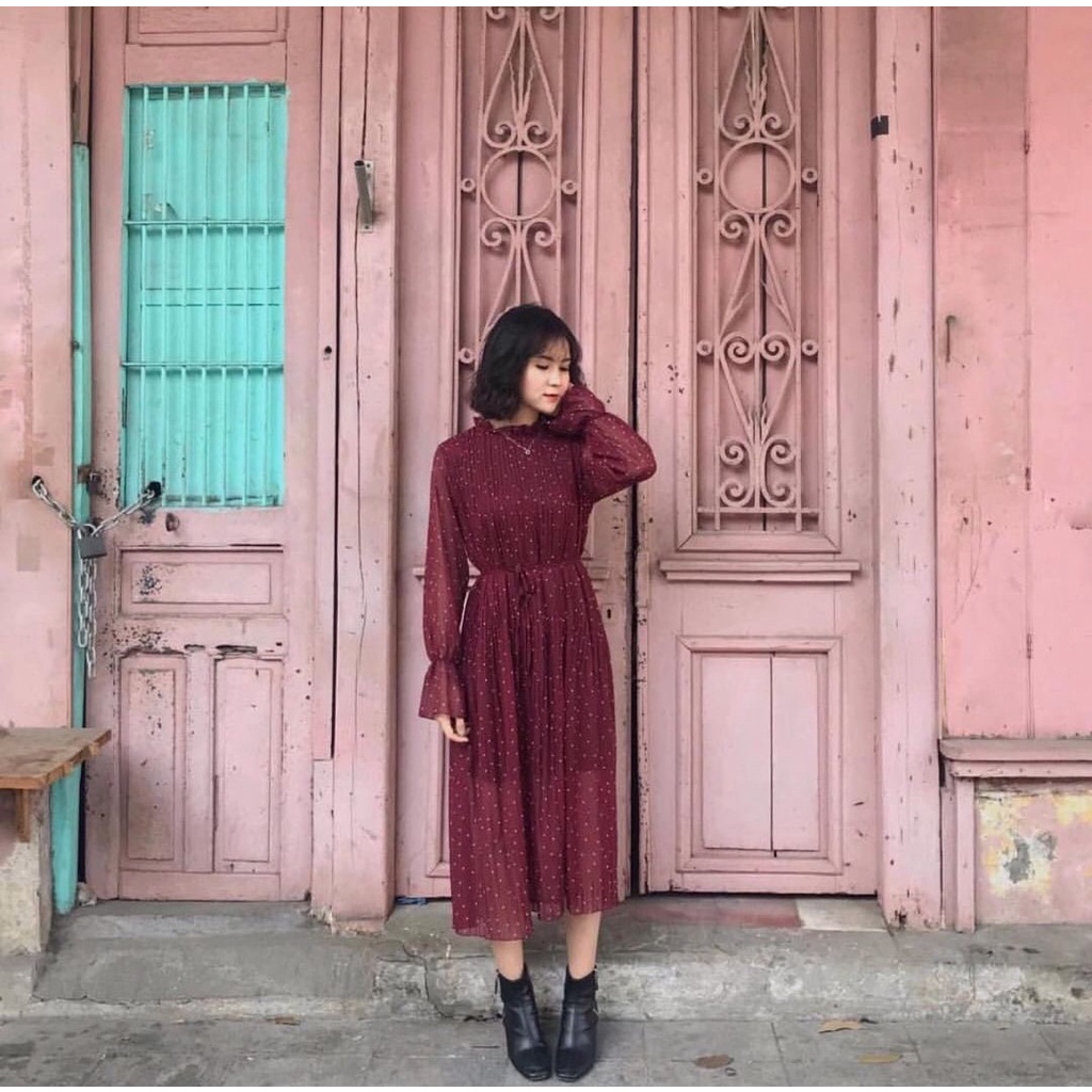 Đầm midi dáng dài chấm bi đỏ dài tay Che Bụng Mỡ Ôm Eo - Váy - Phong cách Hàn Quốc ulzzang