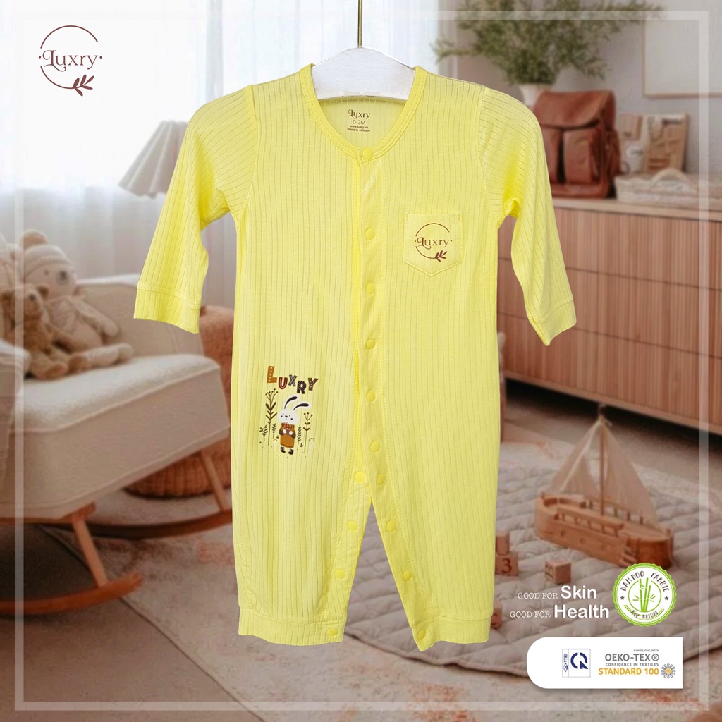 Bộ đồ liền thân Body dài tay, bodysuit Luxry thỏ vân đáng yêu chất vải sợi tre cho trẻ sơ sinh đến 18 tháng