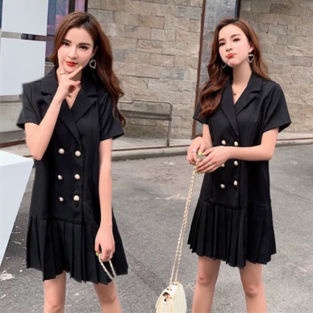 (Order) bigsize Đầm cổ vest 6 cúc phối đuôi xếp li