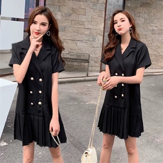 Bigsize Đầm cổ vest 6 cúc phối đuôi xếp li