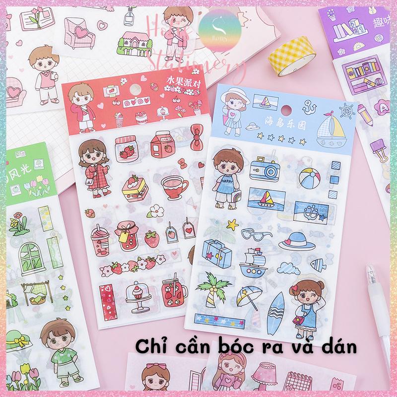 Set 4 tấm sticker cô bé cute trang trí sổ tay, bàn học - 18x10.5cm