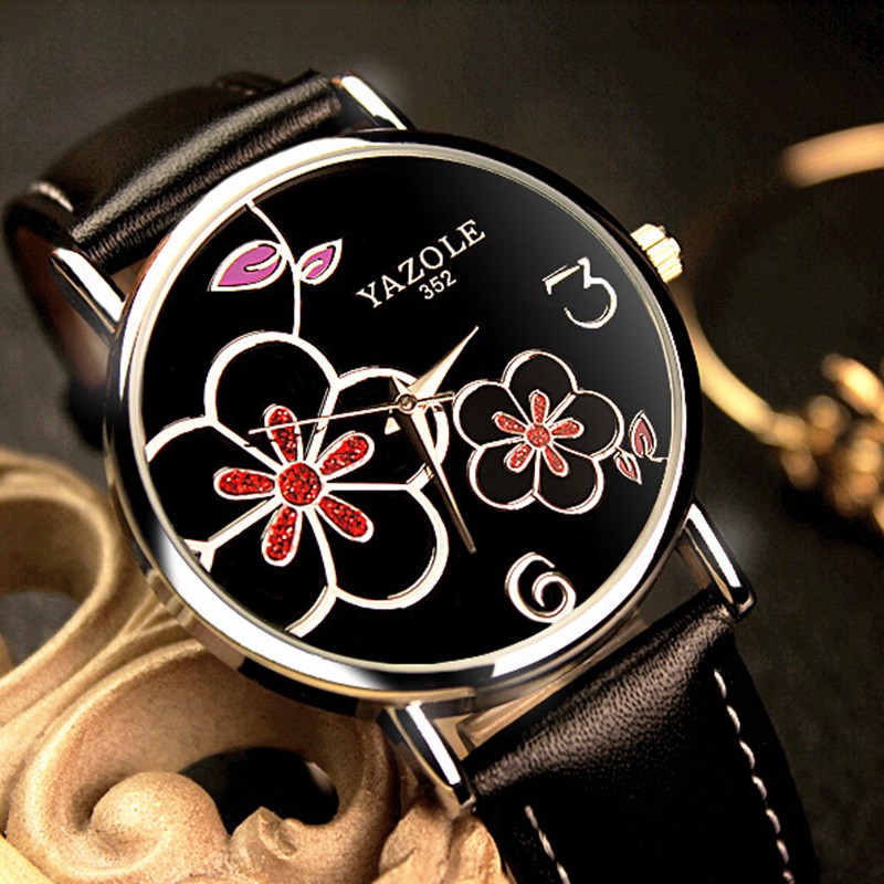 Đồng hồ nữ Yazole 352 máy Quartz dây da (Hoa hồng)