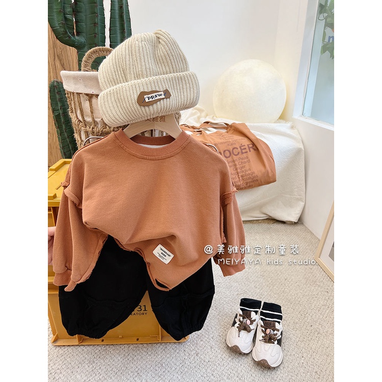 [Hàng Có Sẵn Mới Về] Set Áo Sweatshirt Phối Rách Phong Cách Hàn Quốc Cho Bé Trai Và Bé Gái