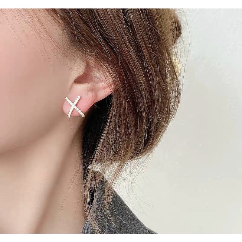 Khuyên tai X chéo nạm đá nhỏ bạc ta NGỌC MẬU vô cực