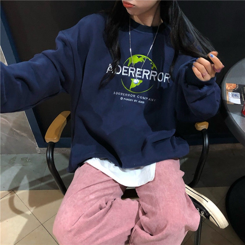 Áo Sweater Cotton Cổ Tròn Dáng Rộng Thêu Chữ Thời Trang Cho Nữ