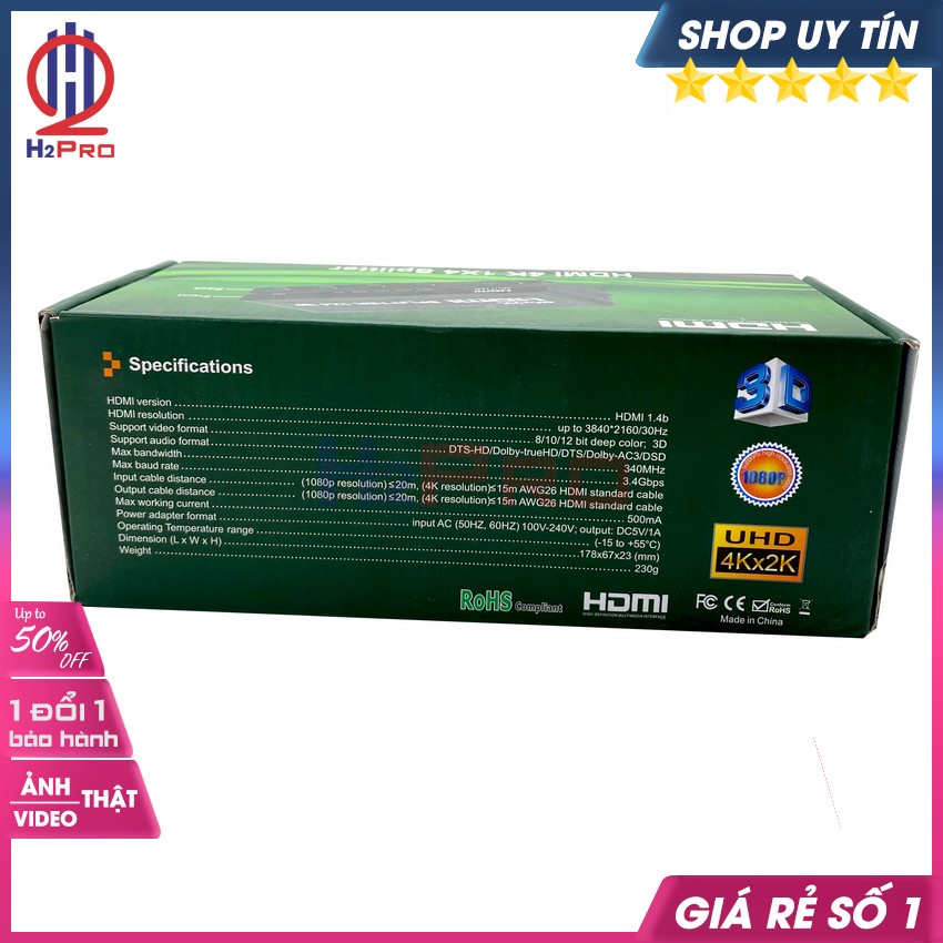 Bộ Chia HDMI Splitter 1 ra 4 H2pro cao cấp chuẩn 4K-3D-chất lượng cao chuẩn đầu vào, hàng hãng (tặng củ sạc 5V-2A 50k)