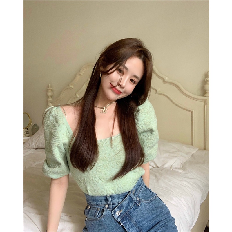 QADCOL  Áo Croptop Dệt Kim Tay Ngắn Phồng Thiết Kế Dễ Thương