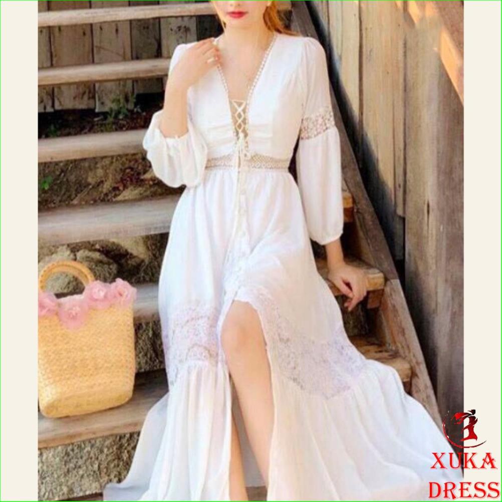 Đầm maxi công chúa FREESHIP - HÀNG CAO CẤP trắng phối ren XUKA-DRESS,đi biển siêu đẹp. Xinh