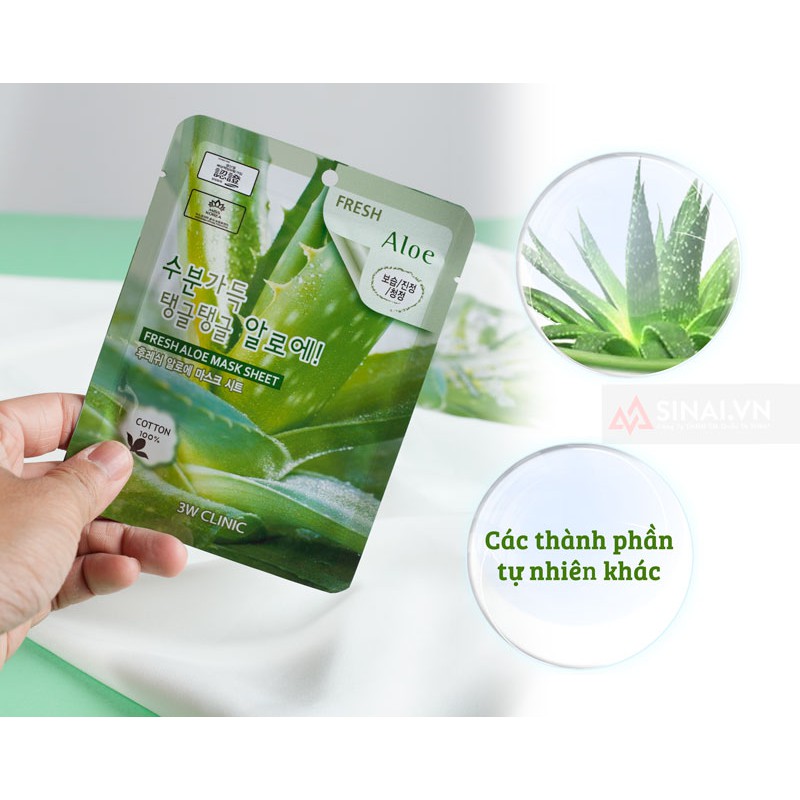 Bịch 10 Túi Mặt nạ giấy dưỡng trắng da chiết xuất lô hội - 3W Clinic Fresh Aloe Mask Sheet - Hàn Quốc 23mlx10