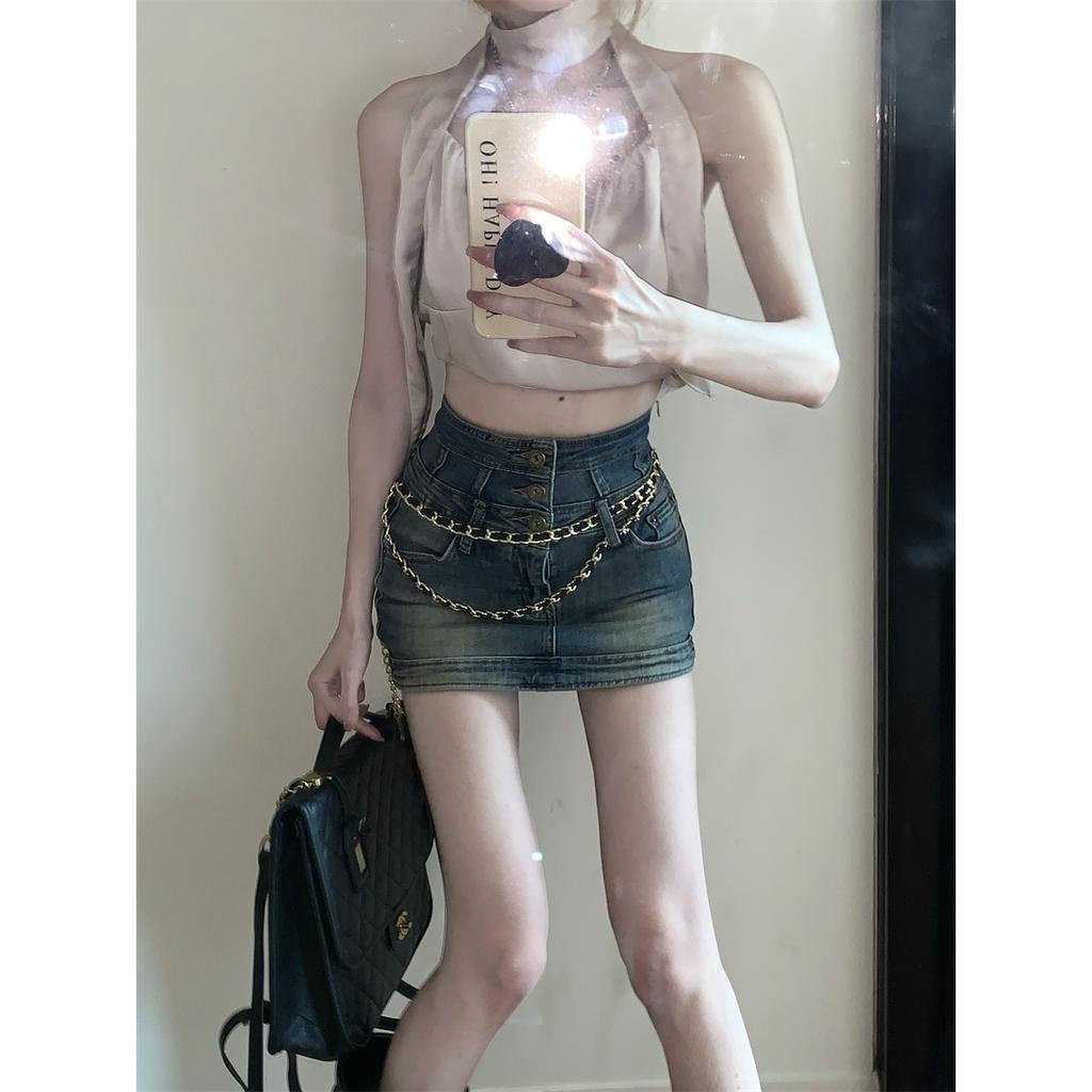 qkoole  Chân váy jean Lưng Cao Phong Cách Retro Cho Nữ