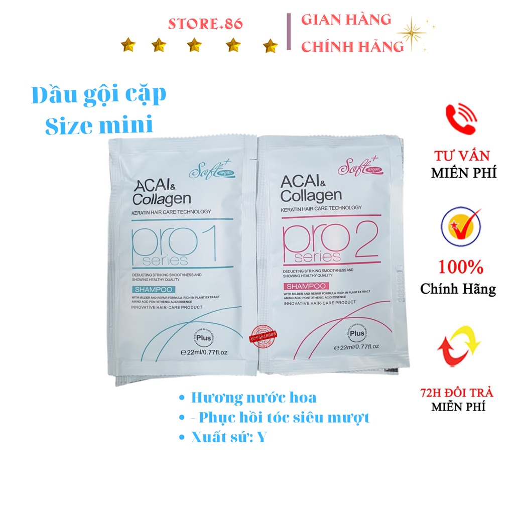 Cặp Dầu Gội Xả phục hồi tóc kích thích mọc tóc Acai &amp; Collagen Argan Soft+ 22ml * 2