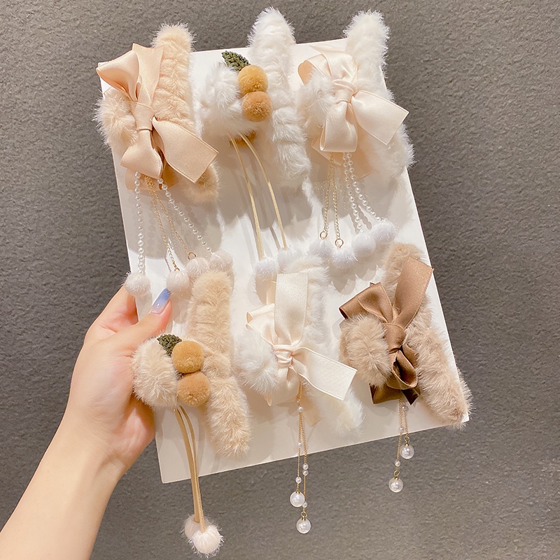 Kẹp Tóc Hình Nơ Phối Lông Phong Cách Hàn Quốc Thời Trang Cho Nữ