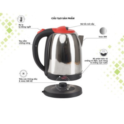 Ấm siêu tốc đun nước Rạng Đông 1,8L siêu bền, cách điện an toàn, inox 304 Bảo Hành 12 tháng