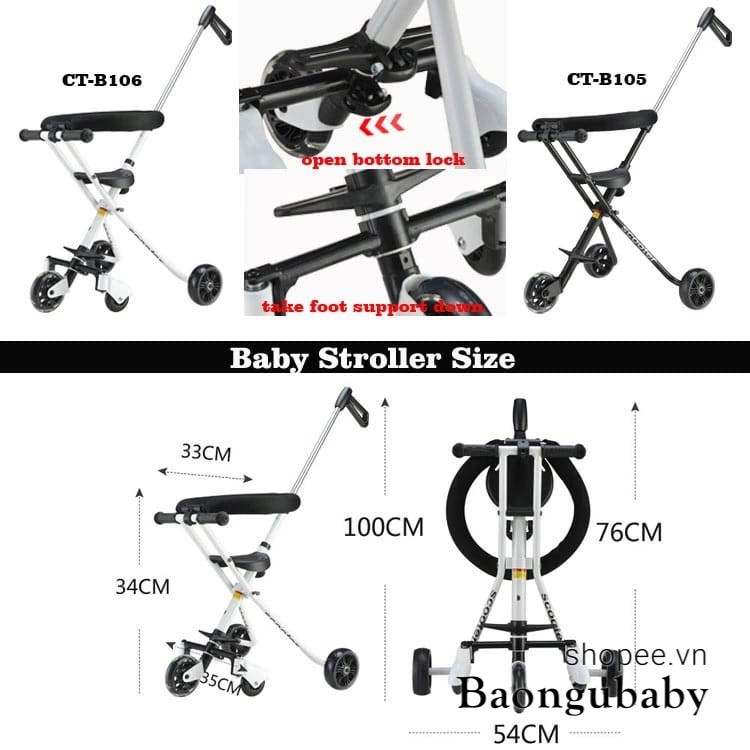 Xe đẩy gấp gọn VOVO PLAYKIDS / SCOOTER / KINLEE cho bé, không mái, xe đẩy du lịch tiện lợi cho trẻ em