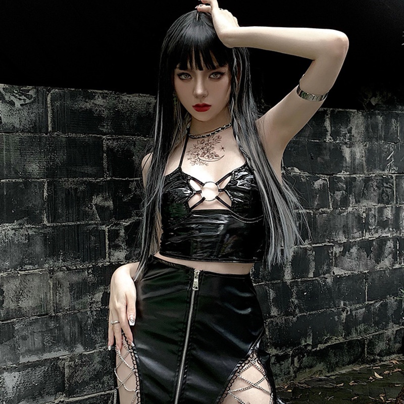 Áo Croptop Da PU Không Tay Phong Cách Gothic Gợi Cảm