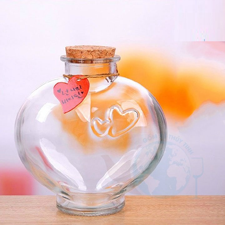 Bình Thuỷ Tinh Nắp Gỗ Trái Tim 550ML