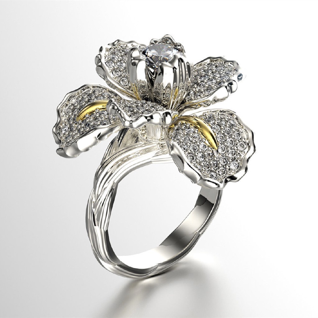 Nhẫn nữ kim loại thiết kế bông hoa đính đá thanh lịch thời trang