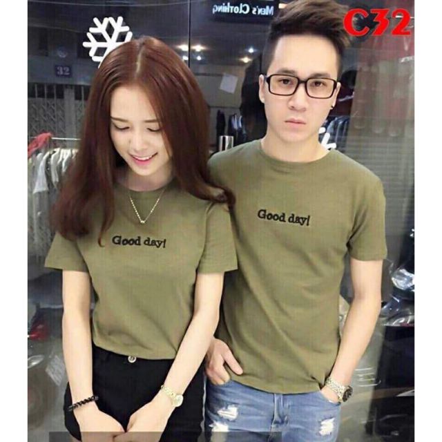 Áo thun cặp unisex Good Day ngắn tay màu xanh rêu nam nữ đều mặc được