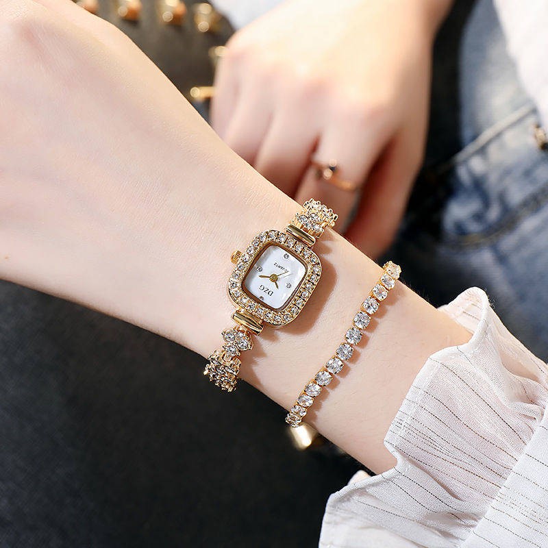 Đồng hồ nữ ☁Phong cách Hàn Quốc Thời Trang Phụ Nữ Đồng hồ đeo tay Rhinestone vuông nhỏ sang trọng Vòng đeo tay giản dị h
