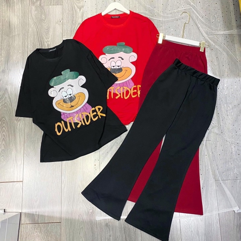 Set Bộ Áo Phông Gấu OUTSIDER Quần Loe Suông Ảnh Thật