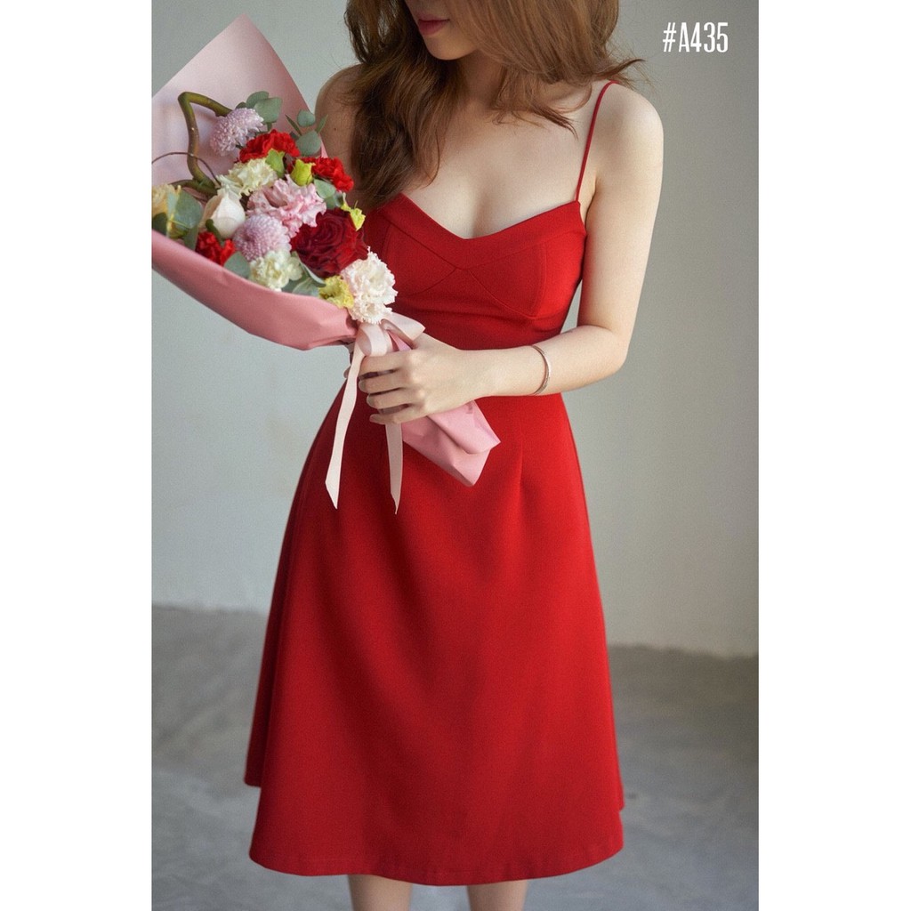 [SHIP 2H] Váy đầm dự tiệc dáng xòe đỏ 2 dây thiết kế cúp ngực trẻ trung | BigBuy360 - bigbuy360.vn