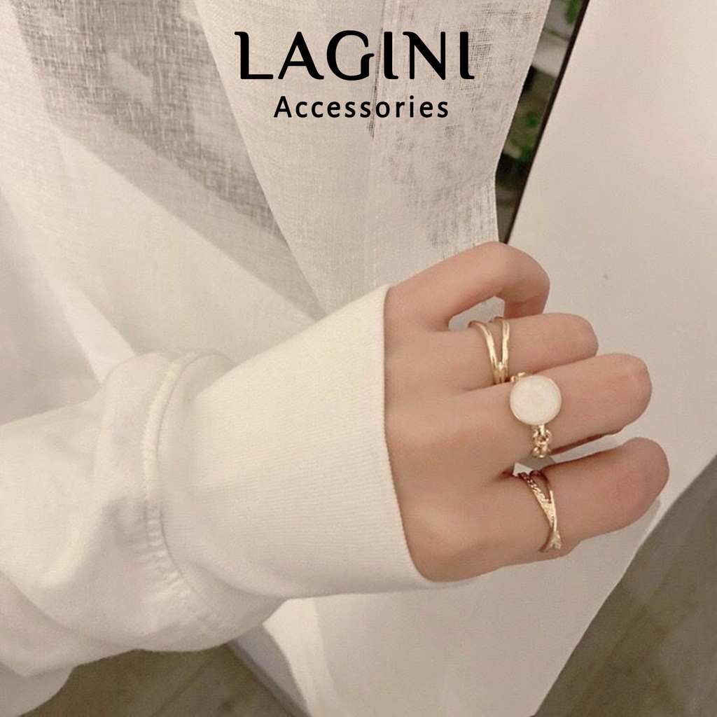 Set bộ 3 nhẫn mặt tròn đính khảm đá Lagini phogn cách Unisex cá tính N10