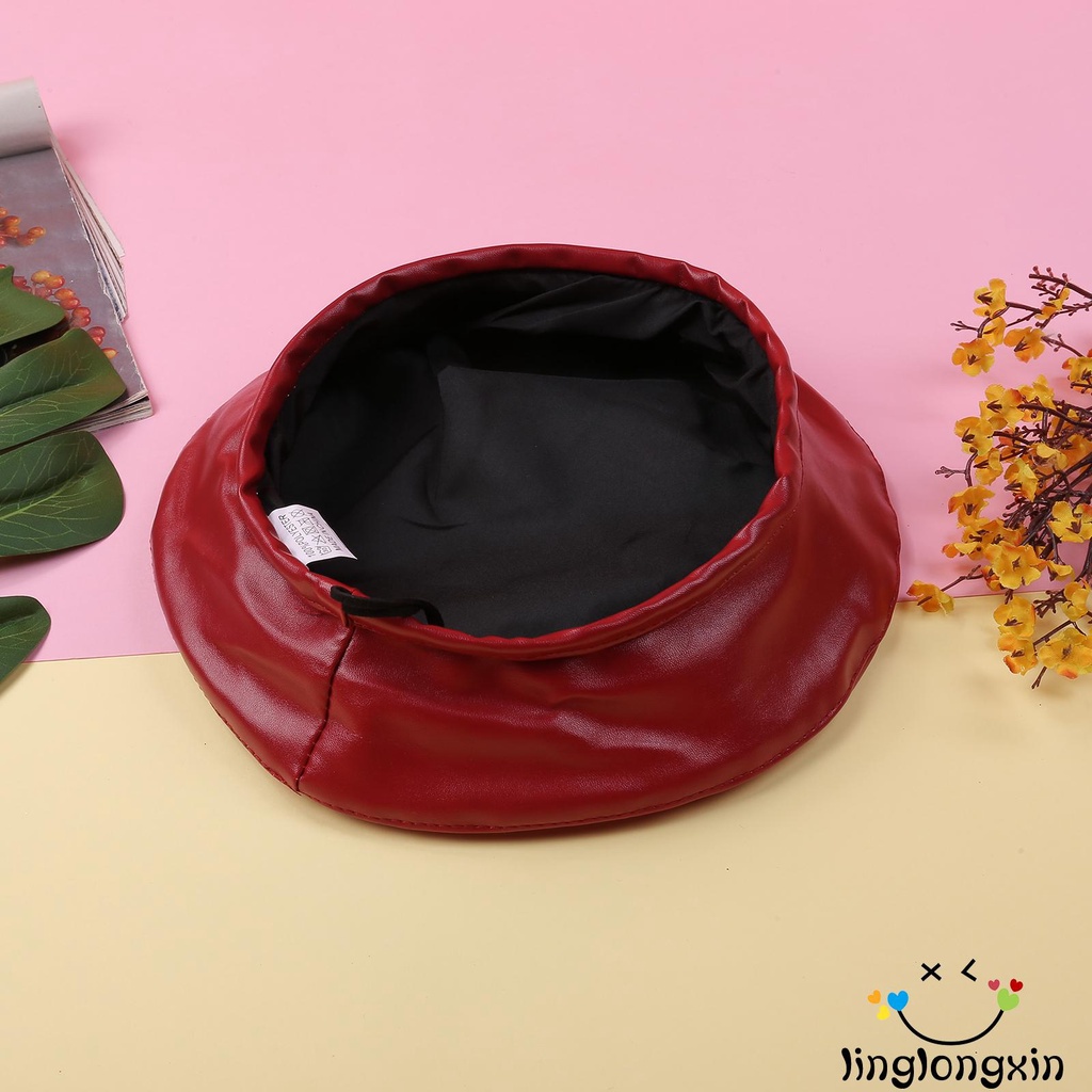 Mũ beret da mỏng tròn phối dây rút thời trang xuân thu cho nữ