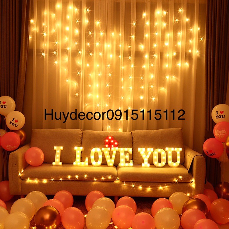 Đèn nháy rèm led hình trái tim lãng mạn cắm điện ,đèn led rèm , đèn nháy rèm Huydecor