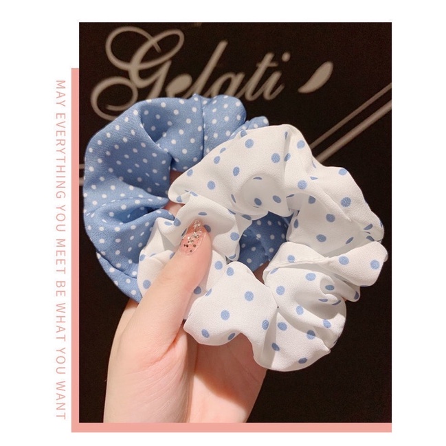Dây buộc tóc scrunchies hoạ tiết nhí xanh dương vải mềm mại phong cách Hàn Quốc