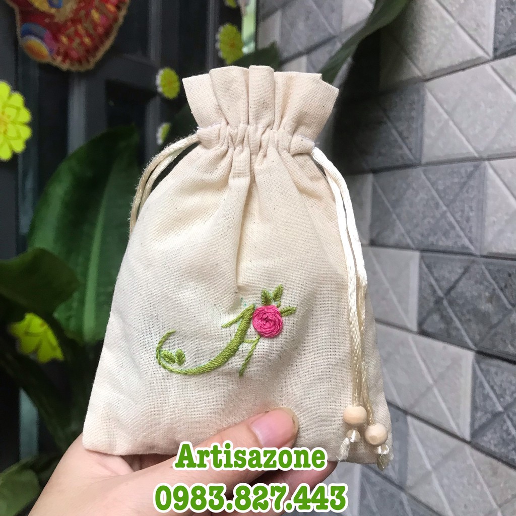 Túi vải dây rút mini thêu chữ cái - Kích thước: 11cm x 14cm- 01 chiếc (Đọc kỹ mô tả sản phẩm)