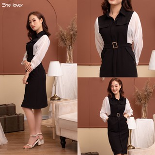 Đầm Công Sở Dáng Ôm Body Đen Phối Trắng Tặng Kèm Đai - Amy Shop K889 Màu Xanh
