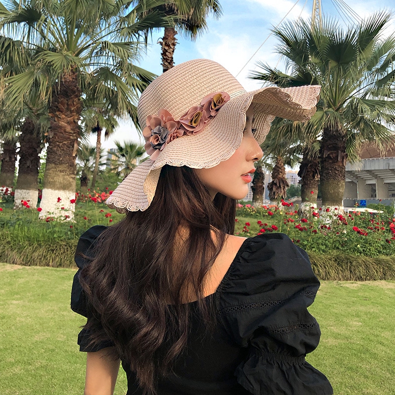 Mũ rơm mỏng thoáng khí che nắng phong cách retro đơn giản phối hoa thời trang đi biển mùa hè
