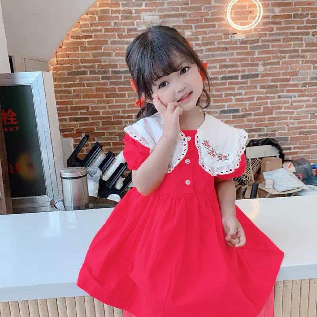 B249- VÁY ĐỎ CỔ REN TRẮNG BÉ GÁI