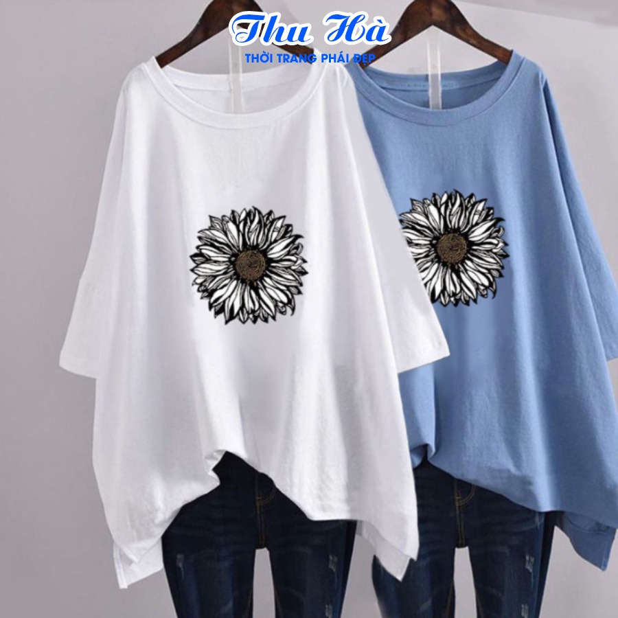 Áo phông unisex freesize form rộng tay lỡ Thu Hà chất liệu thun Cotton in hình Hoa Hướng Dương