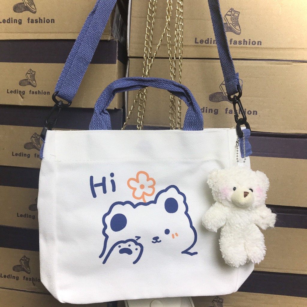 ❤️BÁN LỖ XIN ĐÁNH GIÁ❤️ Túi ToTe Vải Canvas Đeo Chéo Cầm Tay In Hình Gấu Dễ Thương DC0001