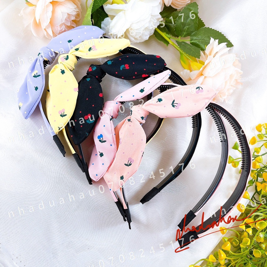 Cài tóc/ băng đô đính nơ vải hoa chấm bi dễ thương đủ màu