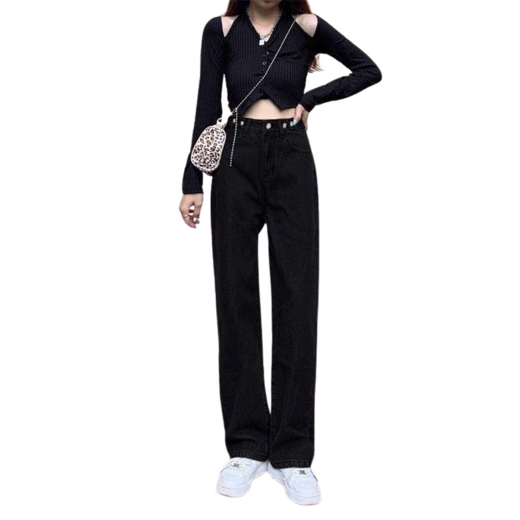 Quần jean nữ ống rộng phối Nút eo VN CLO - QJ079 đen