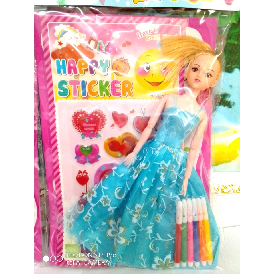 Búp bê barbie thời trang - Tặng Sticker dán nổi và 6 màu tô tranh