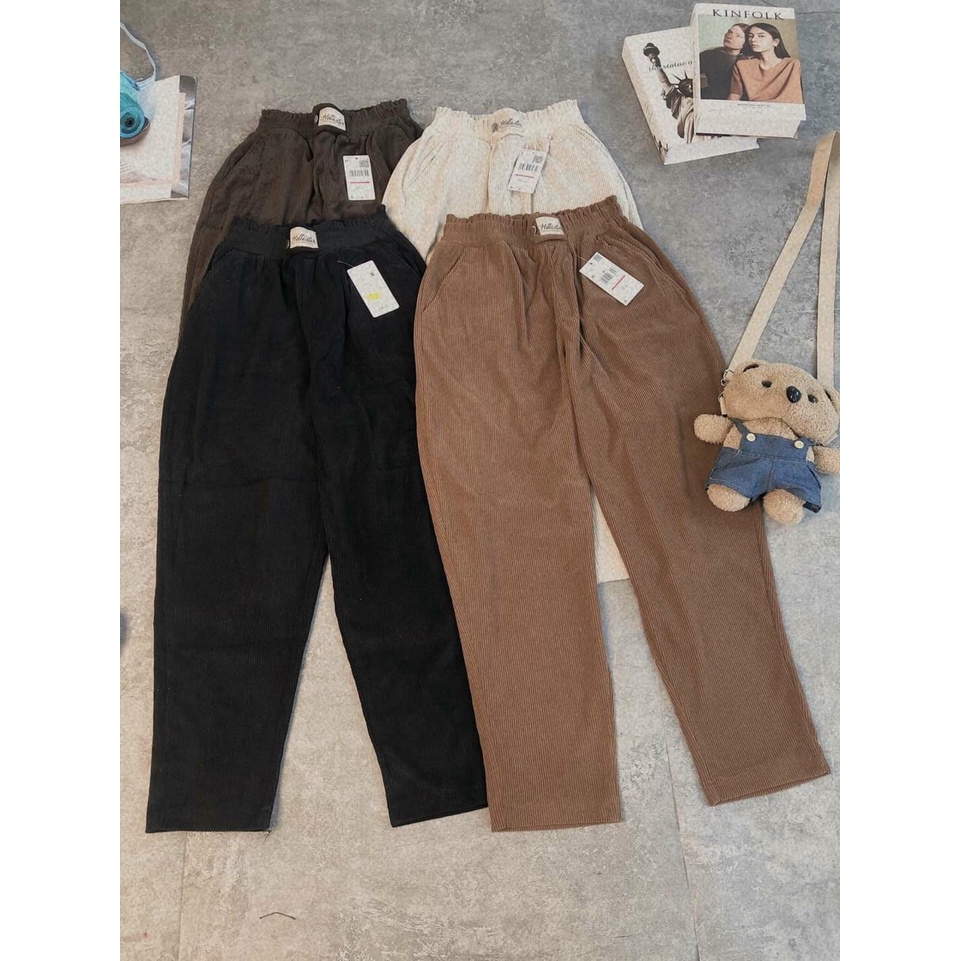 Quần Baggy Nhung Phối Mạc Lưng Thun Tone Màu Tây - 015