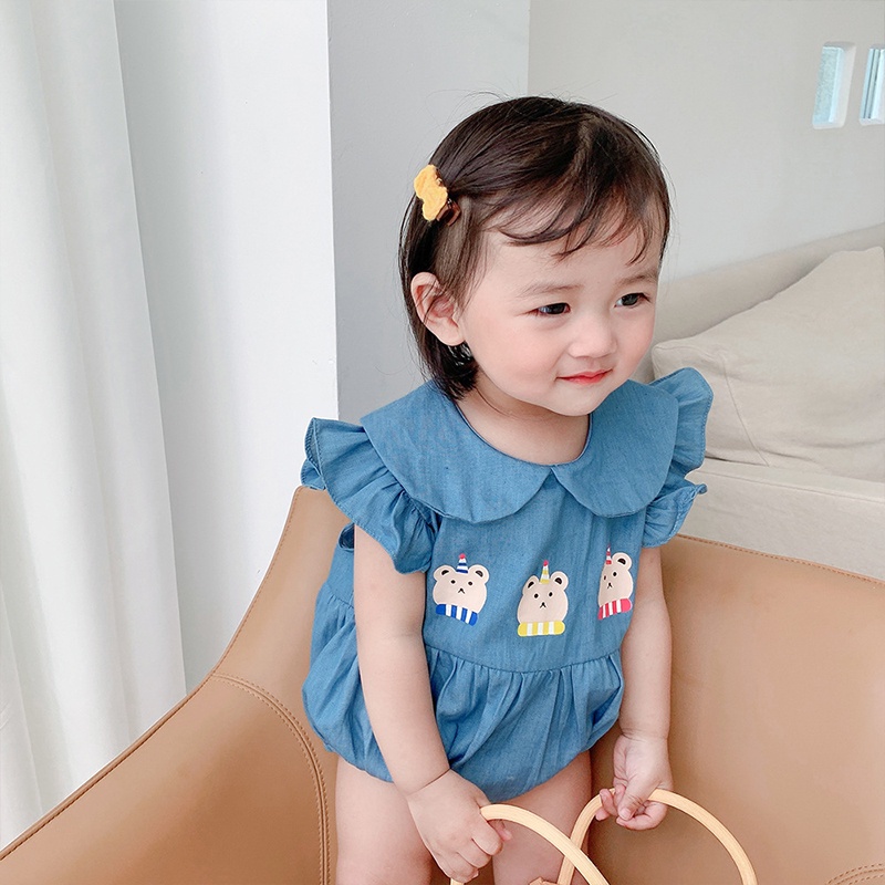 Bộ Áo Liền Quần In Hoạt Hình Phối Ren Thời Trang Mùa Hè Cho Bé Gái Sơ Sinh