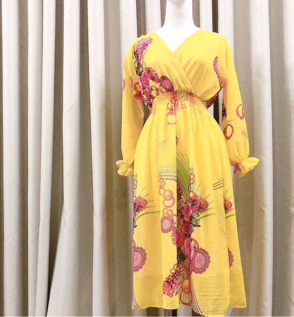 Đầm maxi NHIỀU MÀU đắp chéo ngực tay dài đầm vintage họa tiết hoa đầm bầu đi biển | BigBuy360 - bigbuy360.vn