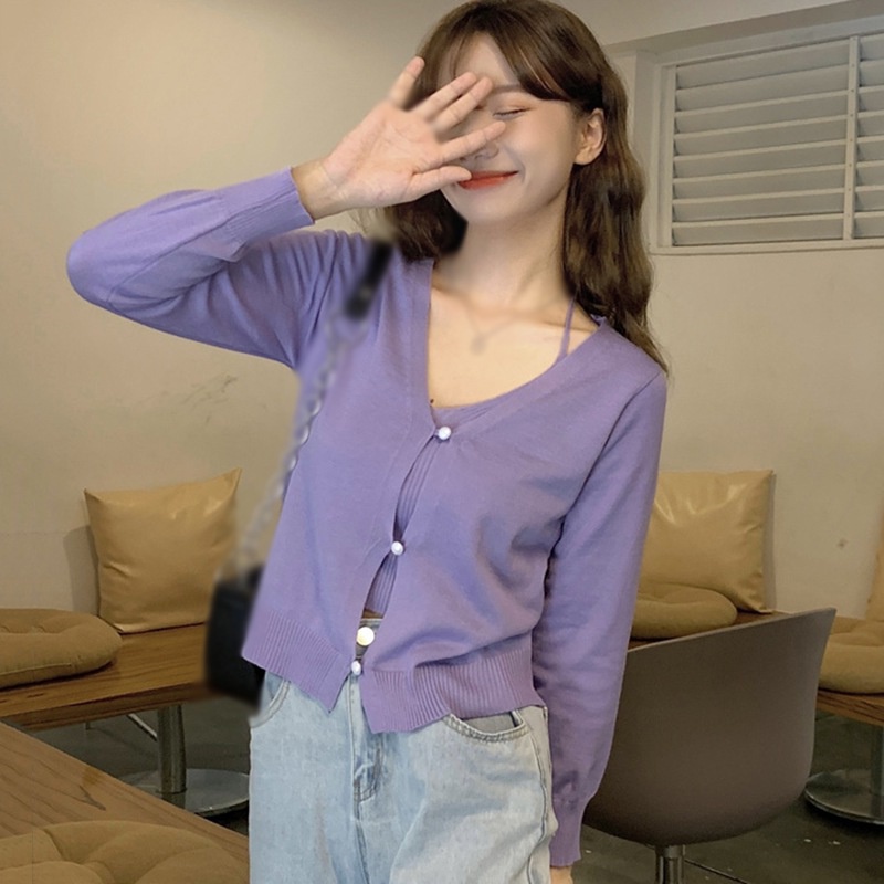 Set Áo Cardigan Dệt Kim Tay Dài + Áo Hai Dây Màu Sắc Đơn Giản Phong Cách Hàn Quốc Cho Nữ