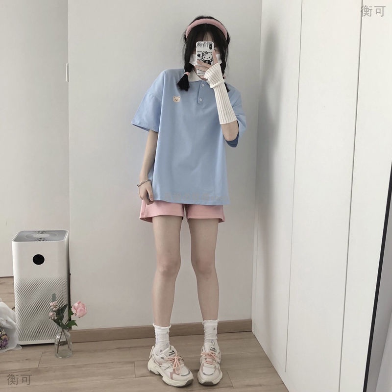 Áo polo Tay Ngắn Dáng Rộng Thêu Hình Gấu Dễ Thương Thời Trang Mùa Hè Cho Nữ