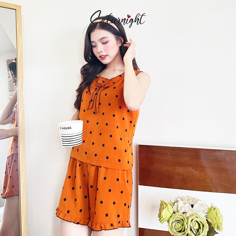 Đồ bộ nữ mặc nhà, set bộ sát nách dành cho nữ SATURNIGHT H01023.3 có nơ chấm bi cam đất