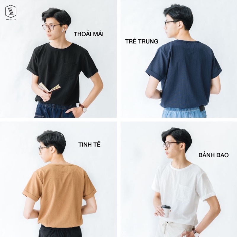 Pass áo phông Nam tay ngắn có túi ngực SSSTUTTER cổ tròn ngắn tay Vải Linen siêu thoáng mát