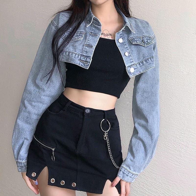 Áo khoác ngắn vải denim tay dài eo cao phong cách đường phố Hồng Kông cổ điển hàng mới 2020 thời trang mùa thu cho nữ