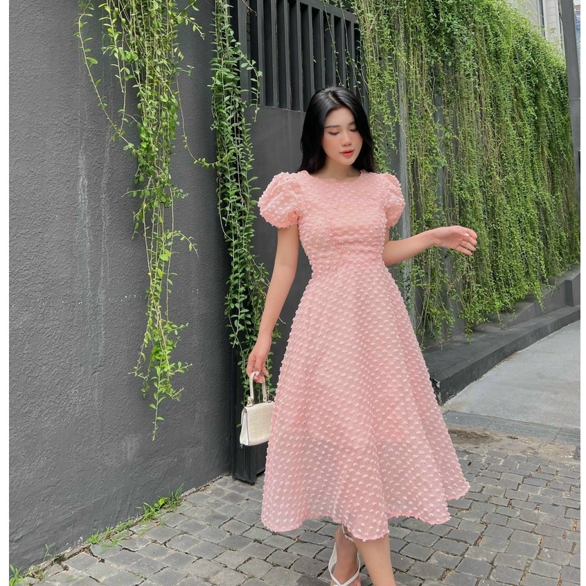 Đầm dự tiệc dáng dài,đầm xòe tay bồng cao cấp giá rẻ thiết kế chất liệu tơ ren nổi full 2 lớp mềm mịn XM Minh phúc