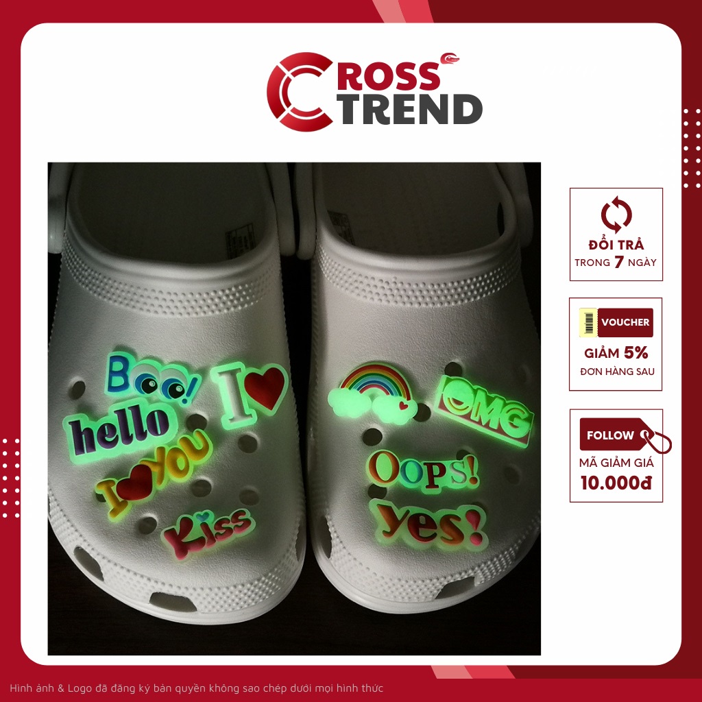 Sticker dép crocs dạ quang được chọn mẫu, Jbbittz charm 2D gắn dép cross siêu rẻ 100% nhựa PVC cao cấp CROSS TREND