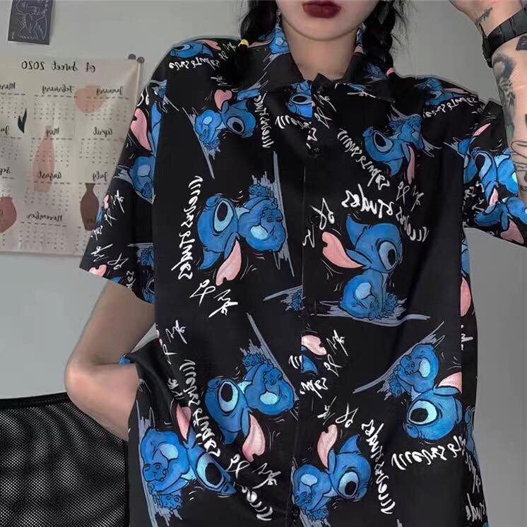 Áo Sơ Mi Họa Tiết Hoạt Hình Tay Lỡ Dáng Rộng Ulzzang Unisex, Sơ Mi Đi Biển - MM