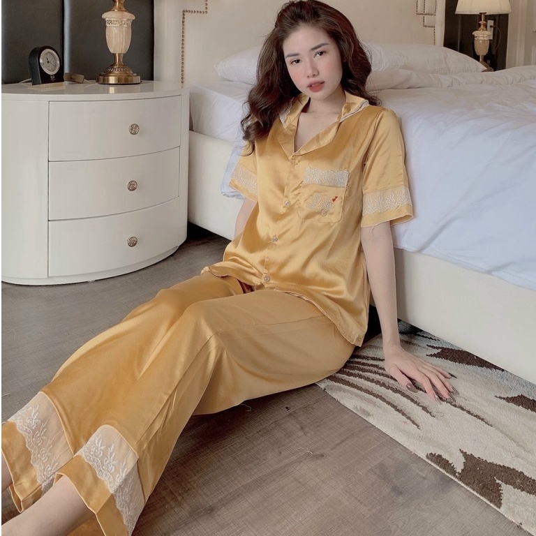 Đồ bộ pijama lụa áo cộc quần dài chất liệu satin phối ren